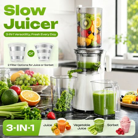 Cold Press Slow Juicer Machine 12cm Large Feed Chute Whole Fruit Masticating Vegetable Processor Easy Clean Juice Extractor Slower Sorbet Maker 200W