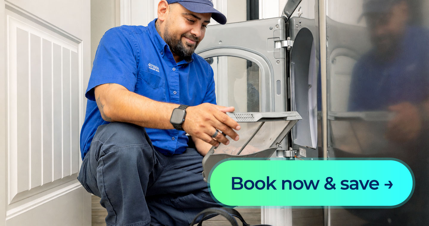 A Sears Home Services technician holding up a dryer filter alongside a “Book now & save” button.