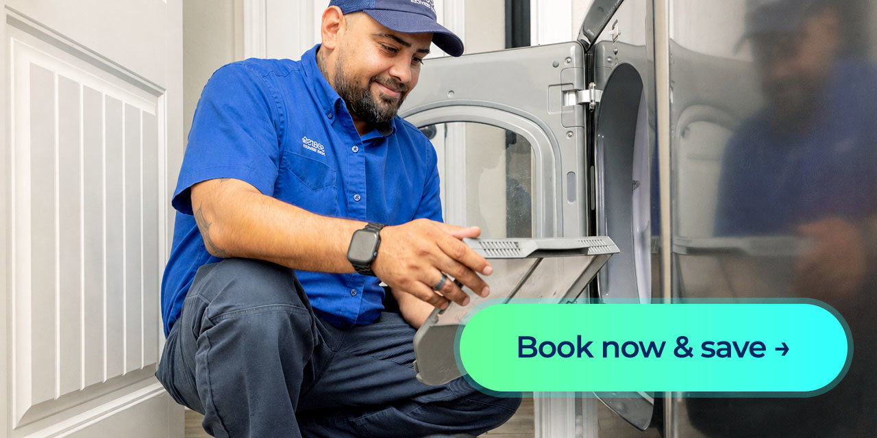 A Sears Home Services technician holding up a dryer filter alongside a “Book now & save” button.