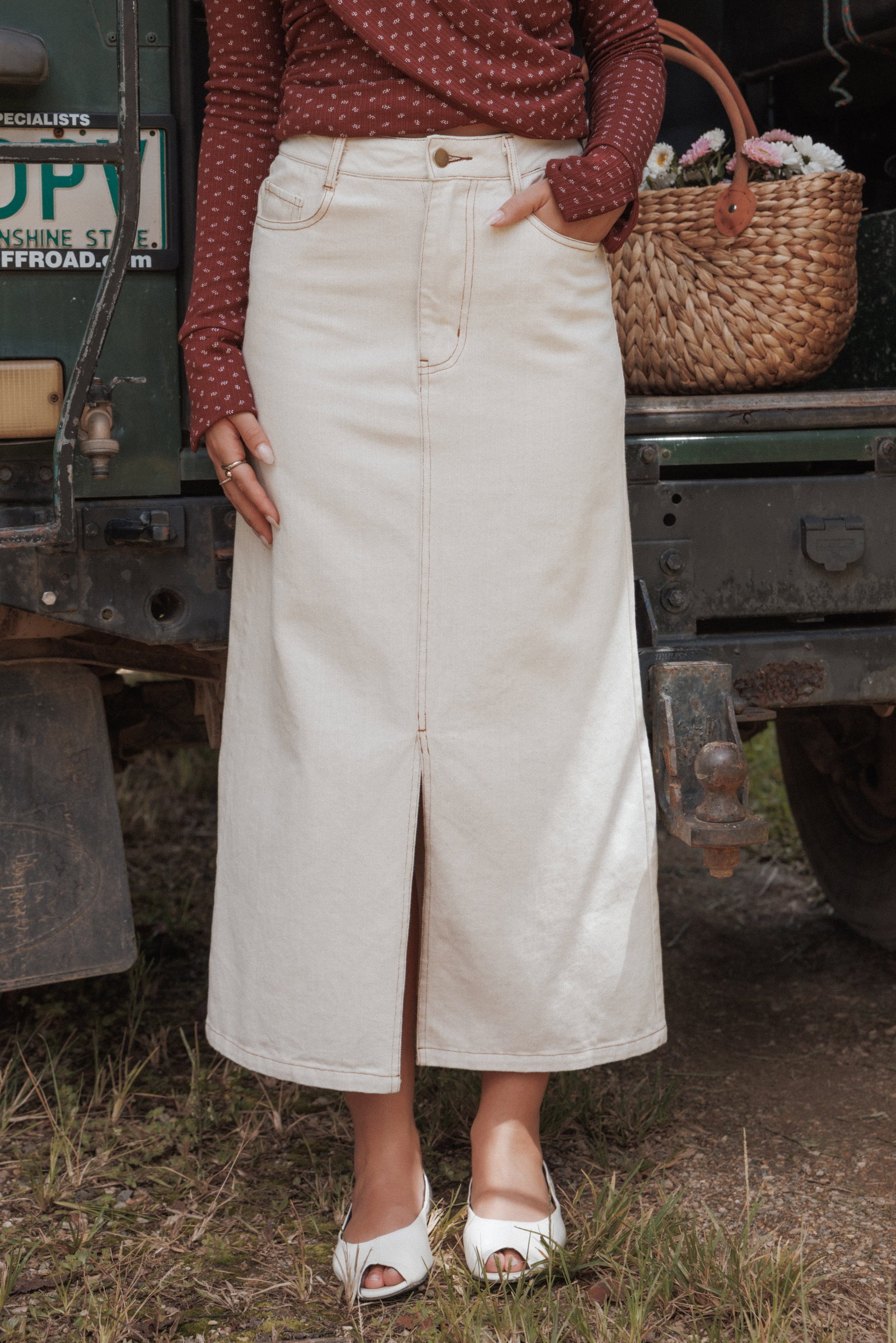 Image of Dana Denim Midi Skirt - Bone