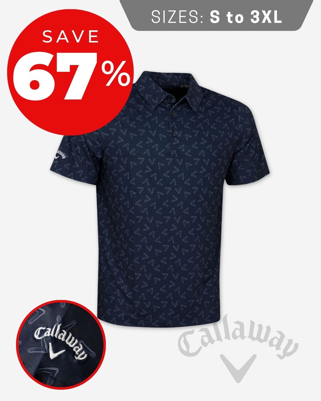 Callaway Golf Mens All Over Large Chev Wicking Stretch Golf Polo Shirt - Peacoat