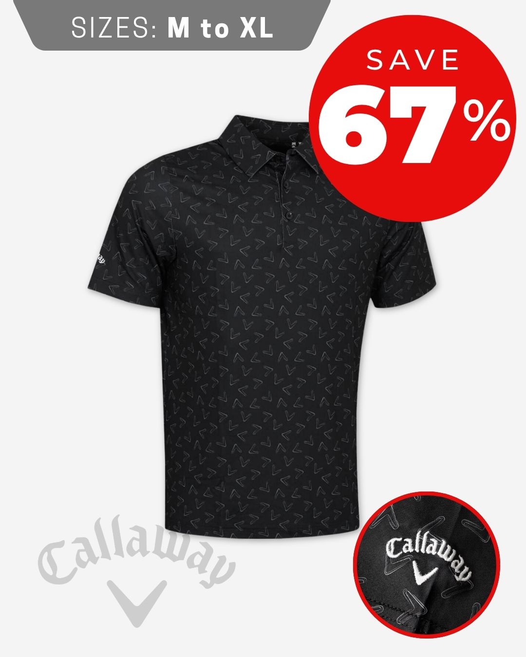 Callaway Golf Mens All Over Large Chev Wicking Stretch Golf Polo Shirt - Caviar