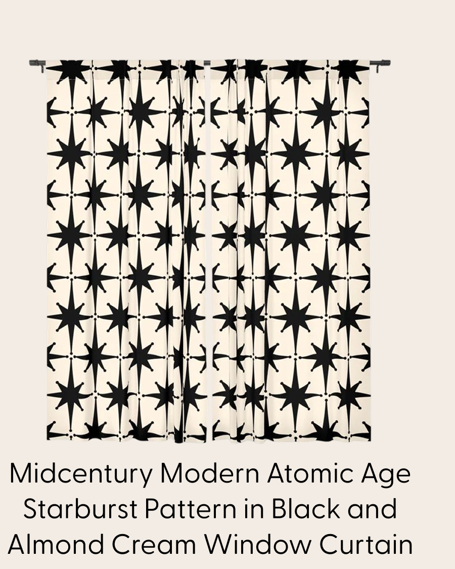 Midcentury Modern Atomic Age Starburst Pattern in Black and Almond Cream Window Curtain