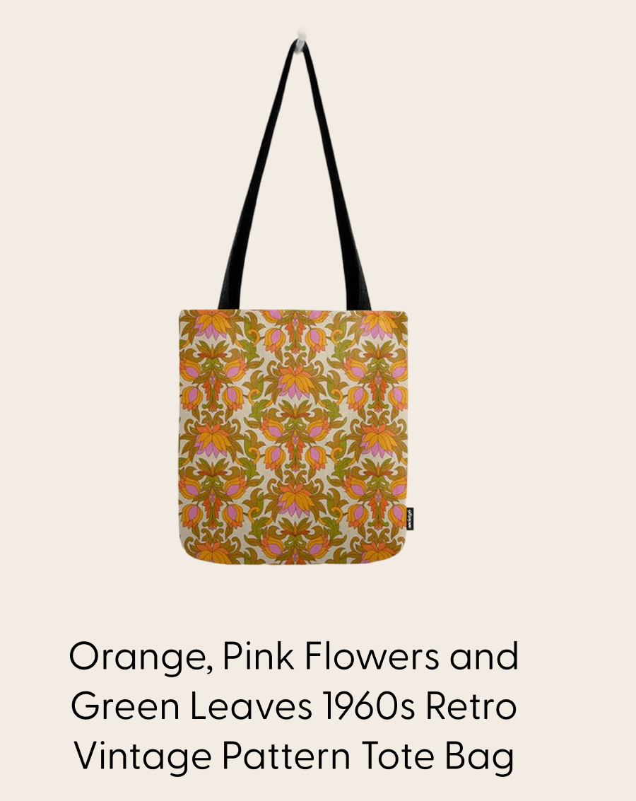 Orange, Pink Flowers and Green Leaves 1960s Retro Vintage Pattern Tote Bag