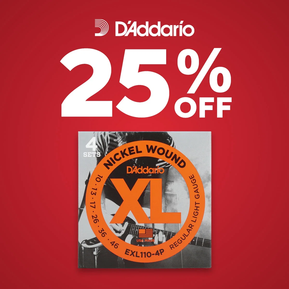 25% Off D’Addario EXL110 XL Electric Guitar Strings - .010-.046 Regular Light, 4-pack