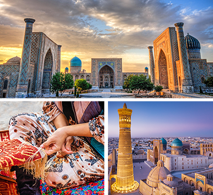Bildcollage: Orientalische Häuser in Samarqand, Buchara, Frau spinnt einen orientalischen Teppich.