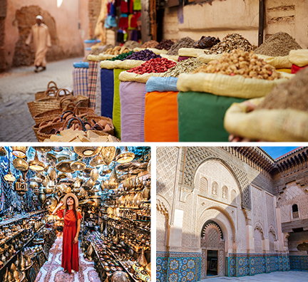 Bilder-Collage: Gewürze in den Straßen Marokkos, Frau steht in einem orientalischen Laden, marokkanisches Gebäude mit Verzierungen.