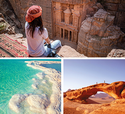 Bildcollage: Frau sitzt auf Felsen und schaut auf Petra, Totes Meer, Felsen und Wüste in Wadi Rum.