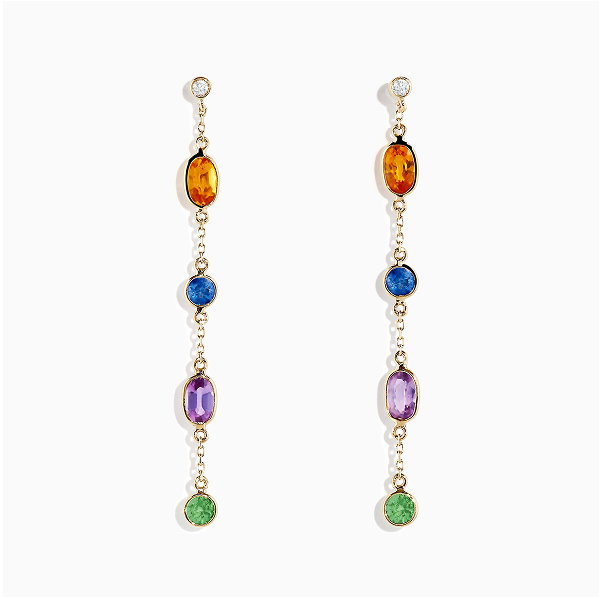 14K Yellow Gold Multi Color Sapphire and Diamond Station Earrings