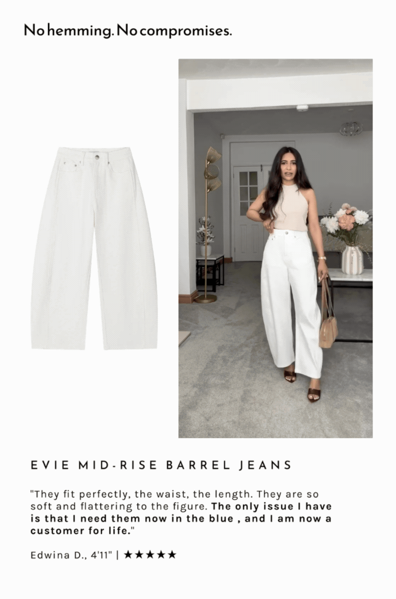 Evie Mid-Rise Barrel Jeans. "They fit perfectly, the waist, the length. They are so soft and flattering to the figure. The only issue I have is that I need them now in the blue , and I am now a customer for life."  Edwina D., 4'11" | ★★★★★
