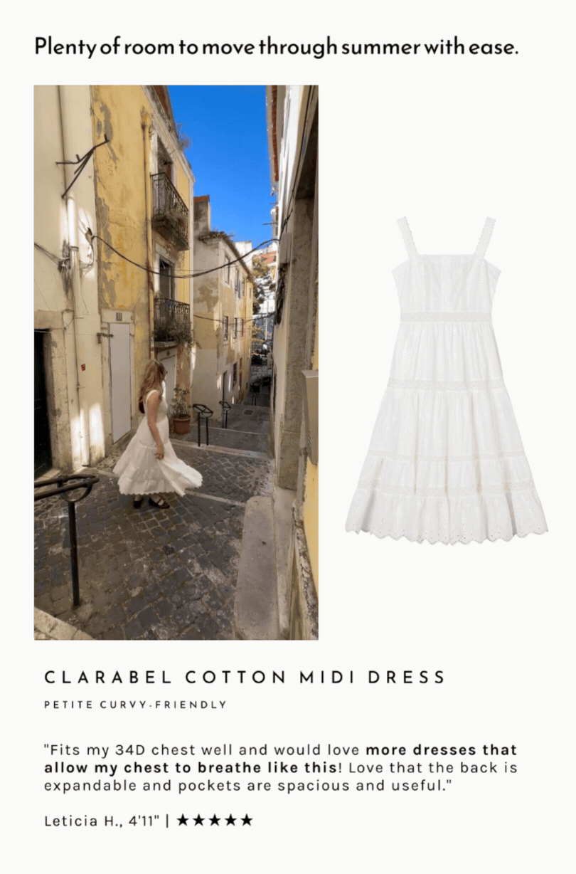 Clarabel Cotton Midi Dress. "Fits my 34D chest well and would love more dresses that allow my chest to breathe like this! Love that the back is expandable and pockets are spacious and useful."  Leticia H., 4'11" | ★★★★★