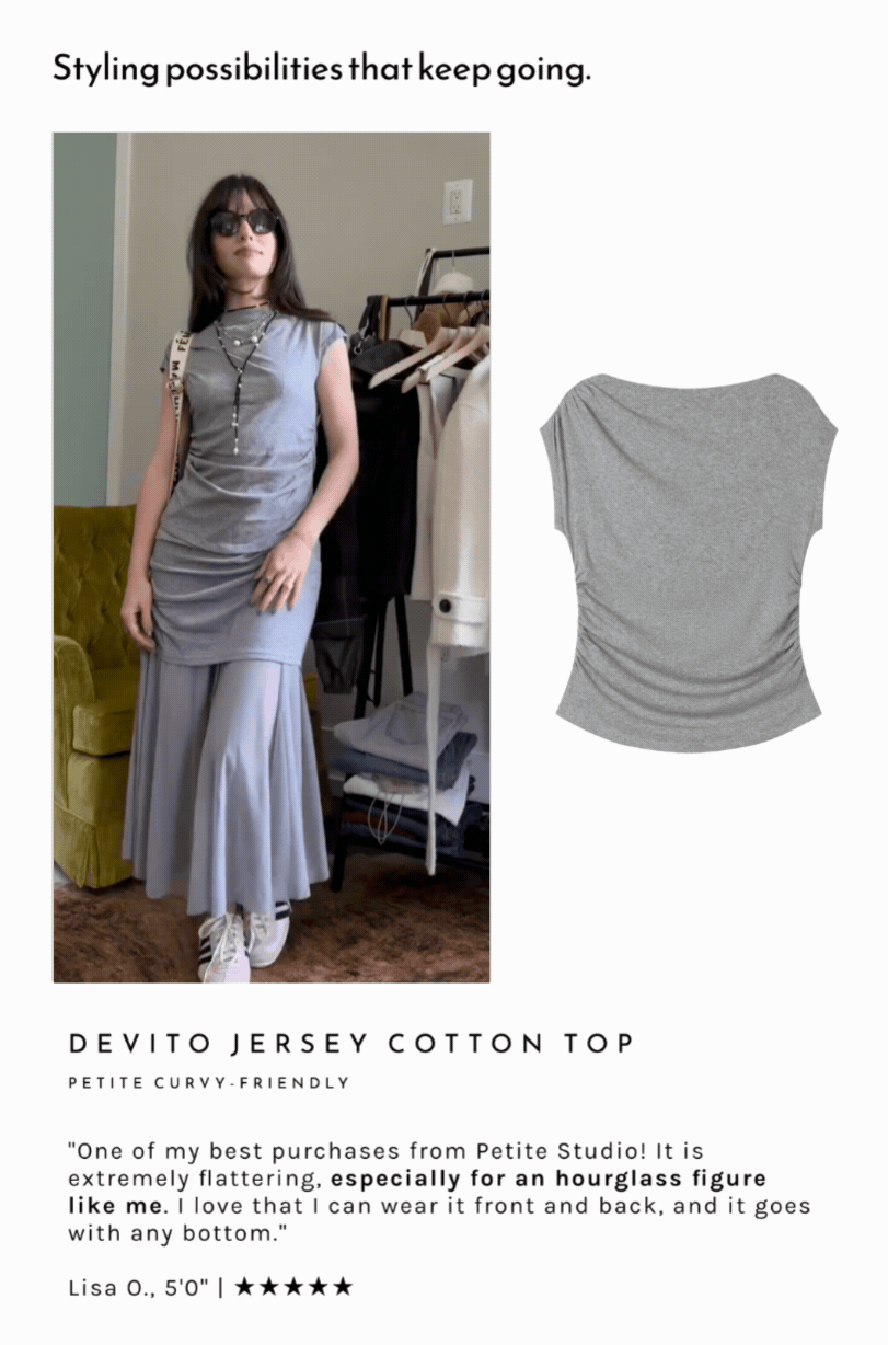 Devito Jersey Cotton Top. "One of my best purchases from Petite Studio! It is extremely flattering, especially for an hourglass figure like me. I love that I can wear it front and back, and it goes with any bottom."  Lisa O., 5'0" | ★★★★★