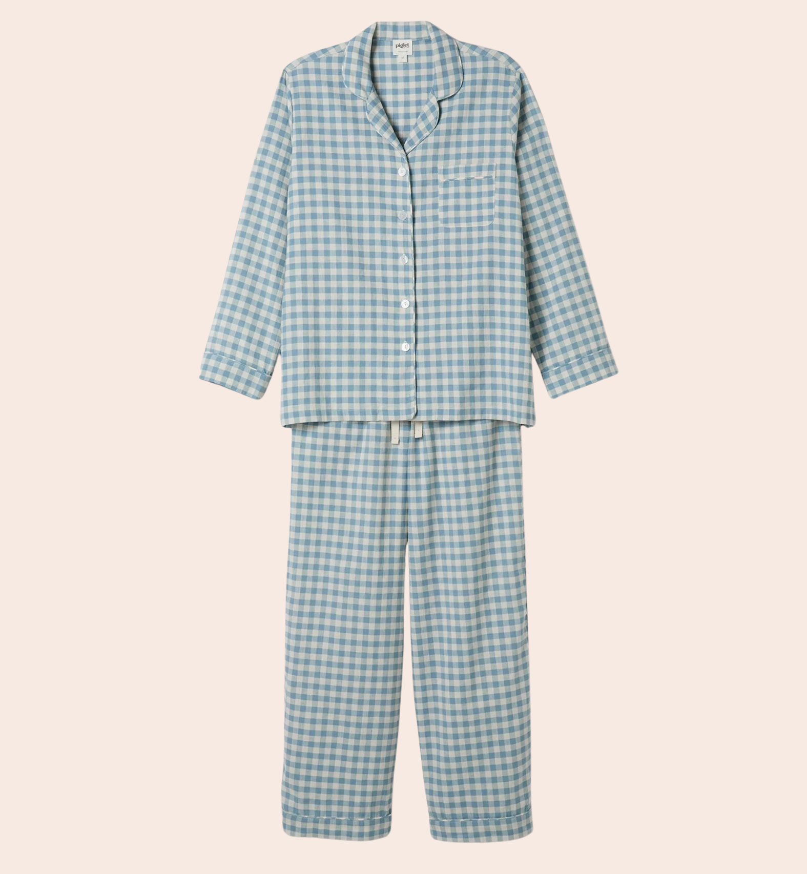 Warm Blue Gingham Linen Blend Pajama Pants Set