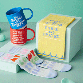 Variety of socks, mugs and tea towels.