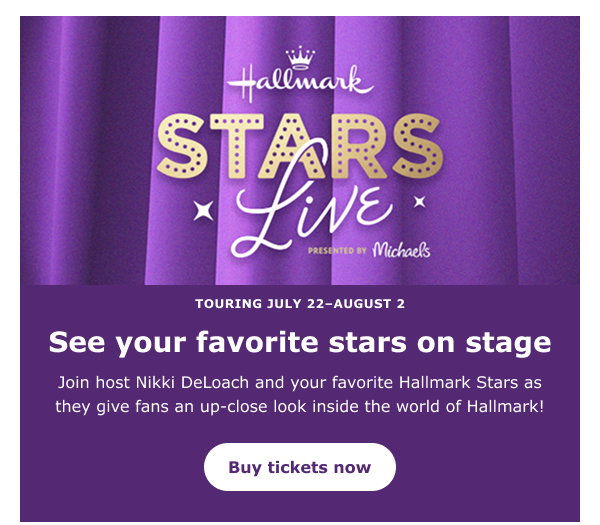 Graphic text says Hallmark Stars Live against a purple curtain with tour dates of July–August 2026.