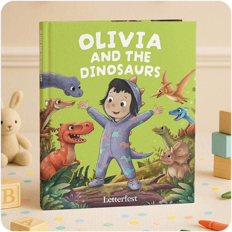 A personalised children's book featuring a child character on the cover with dinosaurs, displayed on a soft play mat surrounded by toys and a stuffed rabbit