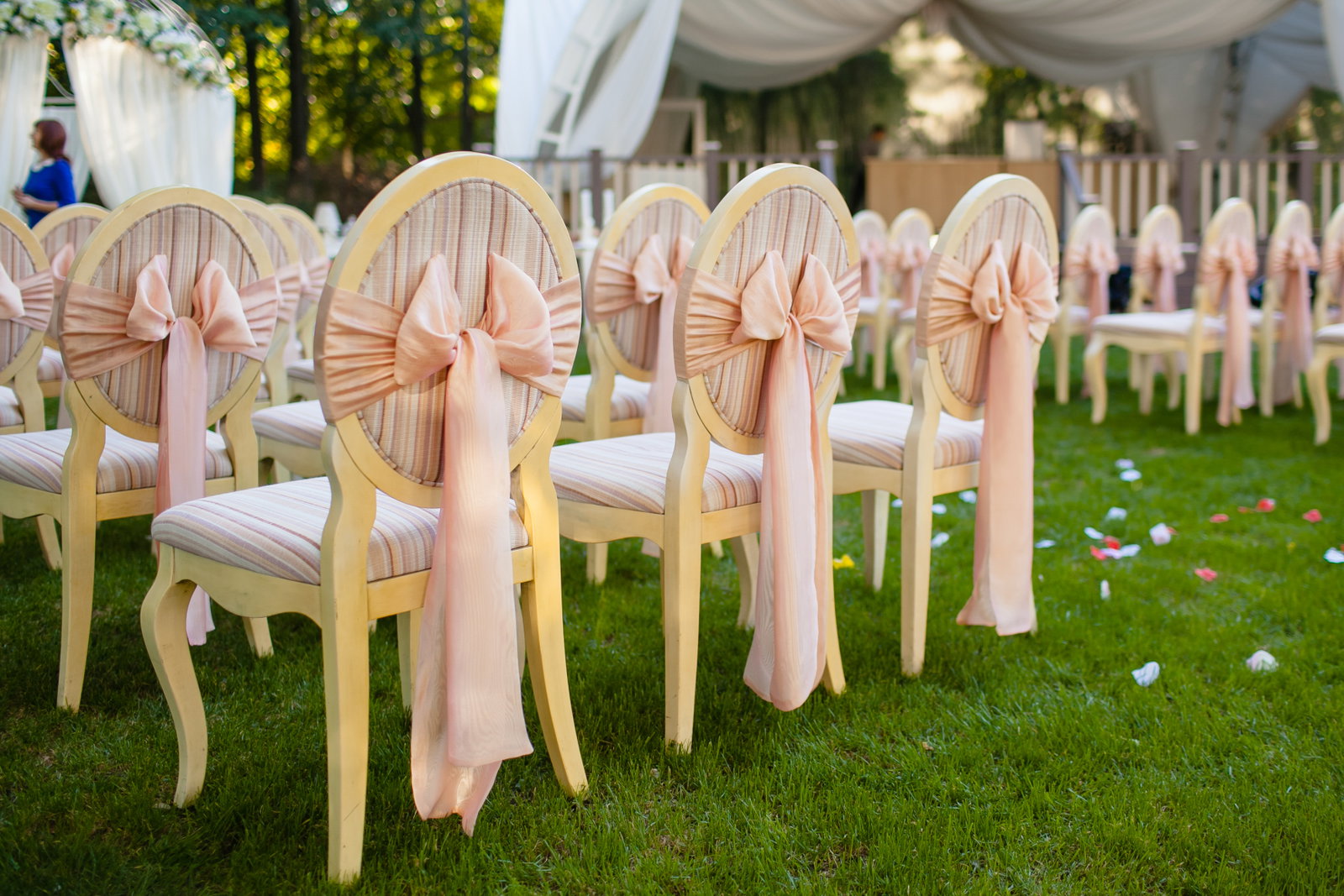 Wedding ceremony chairs with blush satin sashes on a green lawn