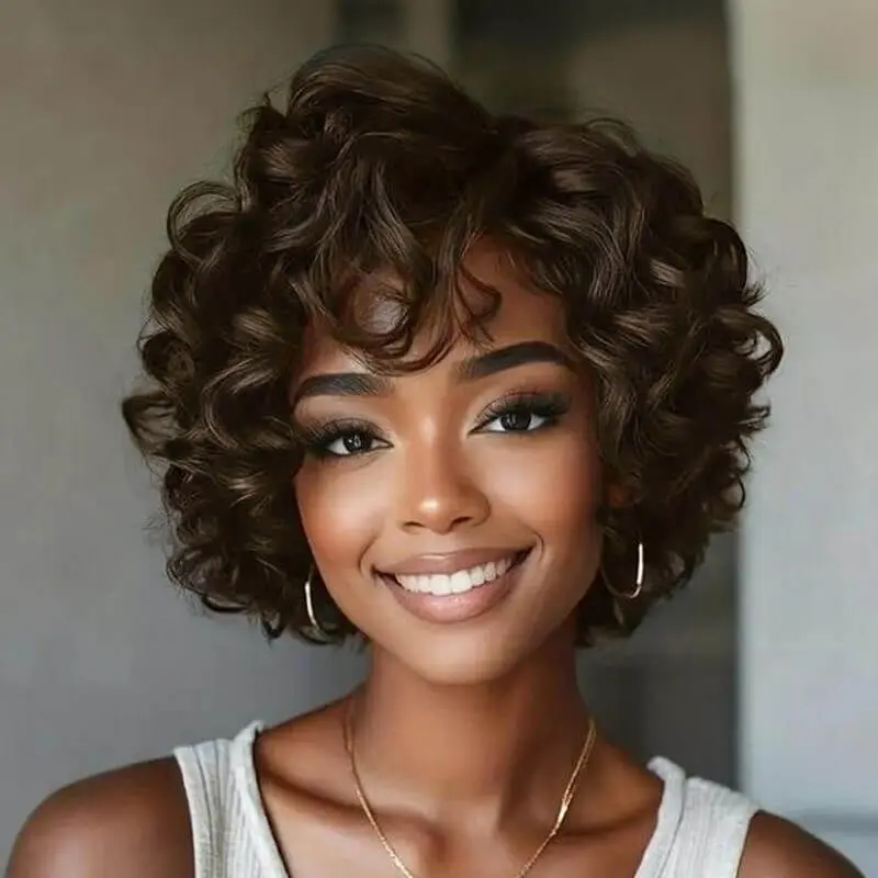 Wear and Go Wigs Short Pixie Cut Loose Curly Bob Wigs with Side Part Glueless Human Hair Wigs