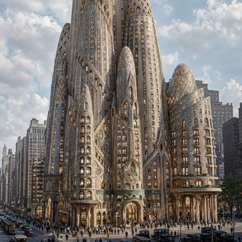 Gaudí's "ghost of an alternative New York" visualised by AI artist Thierry Lechanteur