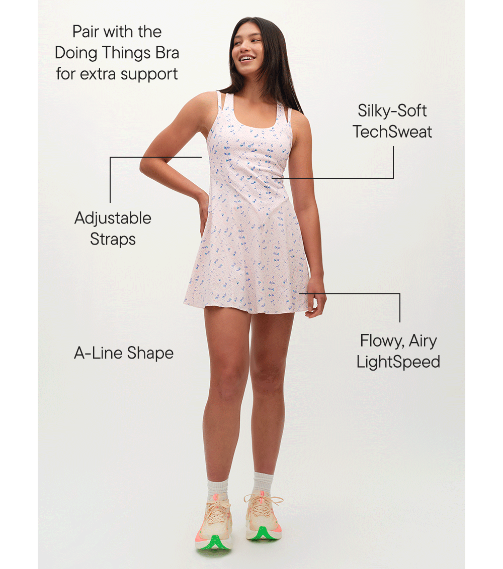 Pair with the Doing Things Bra for extra support​  Silky-Soft TechSweat​  Adjustable Straps​  Flowy, Airy LightSpeed​  A-Line Shape