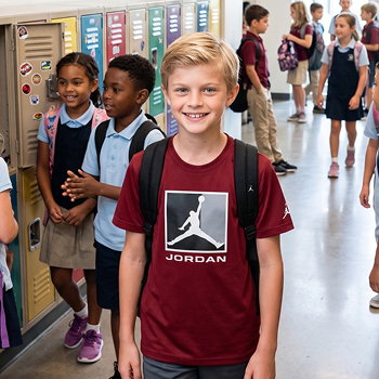 Smiling schoolboy in red Jordan T-shirt and backpack standing by colourful lockers with classmates in school corridor