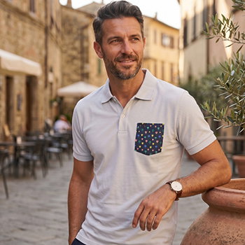 Middle-aged man in white polo with patterned chest pocket leaning on terracotta pot at sunny Mediterranean-style street cafe