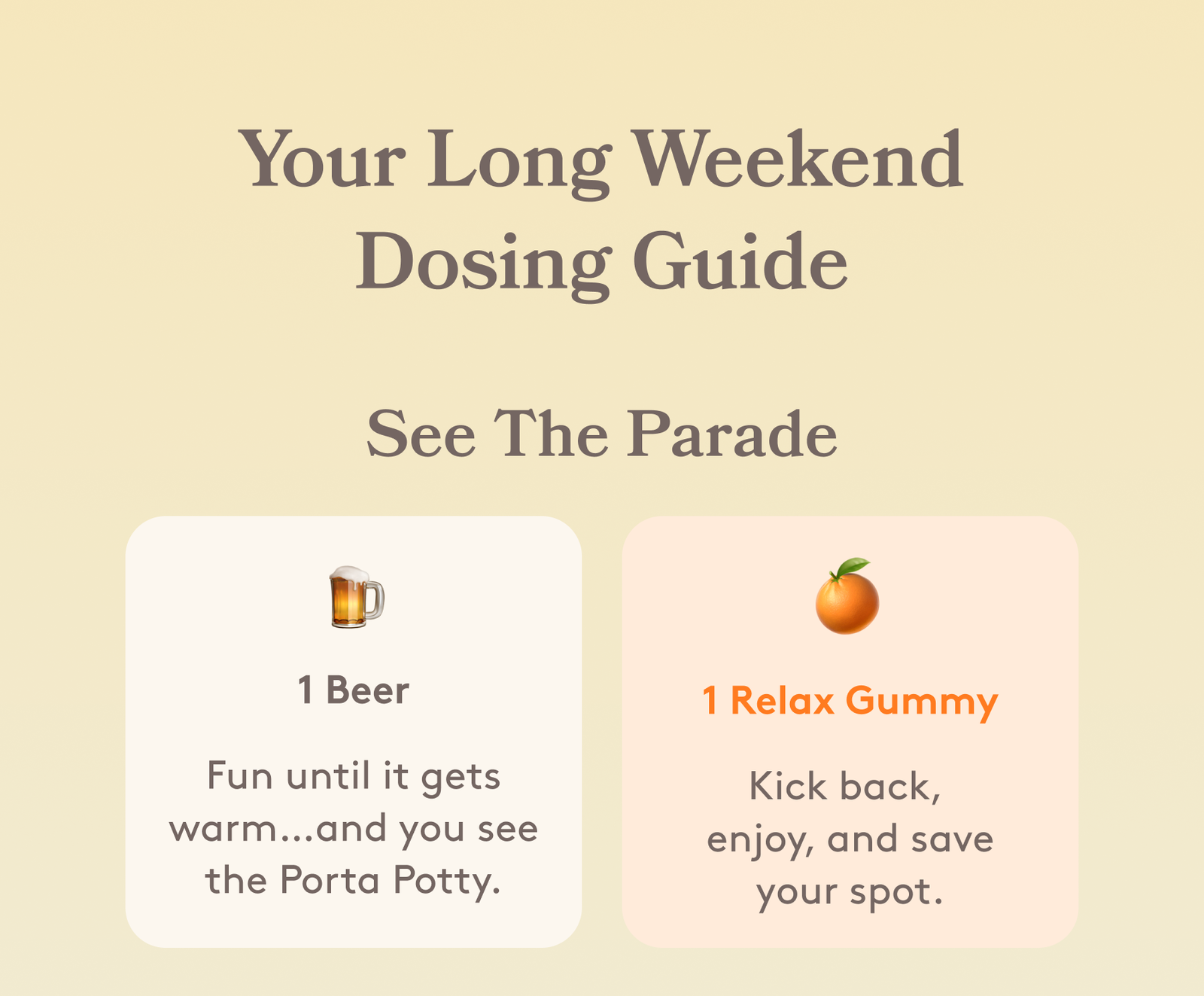 Your Long Weekend Dosing Guide See The Parade 🍺 🍊 1 Beer 1 Relax Gummy Fun until it gets warm…and you see the Porta Potty. Kick back,  enjoy, and save your spot.