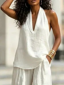 Image of Cotton Casual Plain Halter Neck Blouse