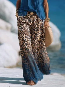 Image of Casual Leopard Colorblock Wide Leg Pants No Belt
