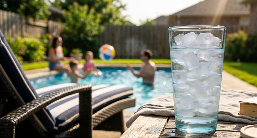 A family in a pool with a glass of bullet ice and water on a poolside table