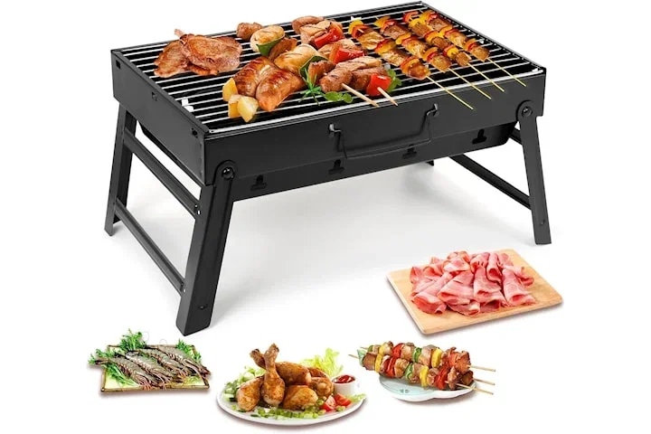 Bärbar kolgrill i rostfritt stål – perfekt för picknick, camping & trädgård