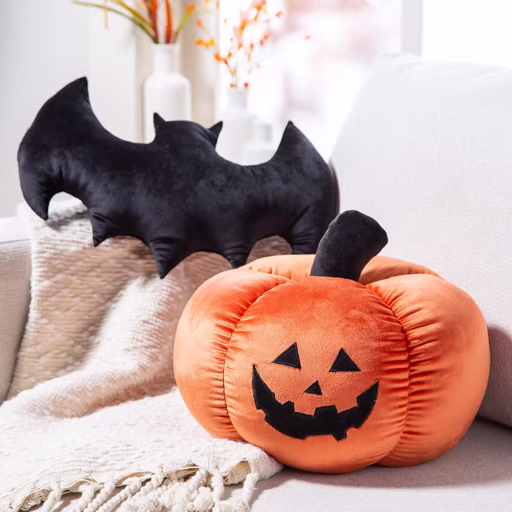 10" Halloween Fuzzy Polyester Jack-O-Lantern & Bat Pillows Set - 2 Pc.