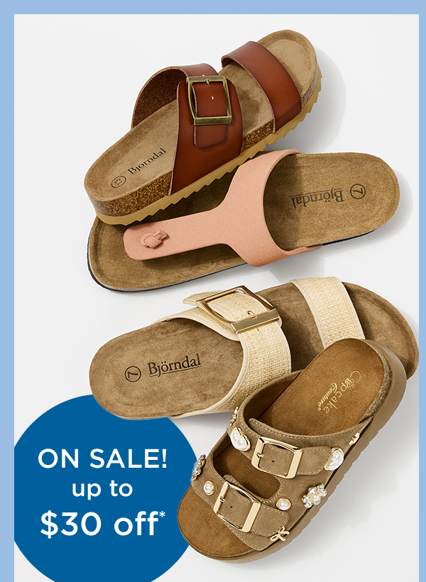 On Sale Up To $30 Off | Sandal Lineup of Assorted Sale Footbed Sandal Styles