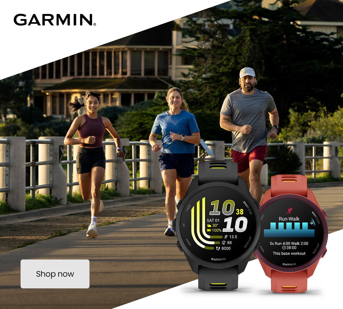 Three people running along a riverside path with Garmin GPS fitness smartwatches displayed in the foreground showing workout metrics and run-walk tracking.