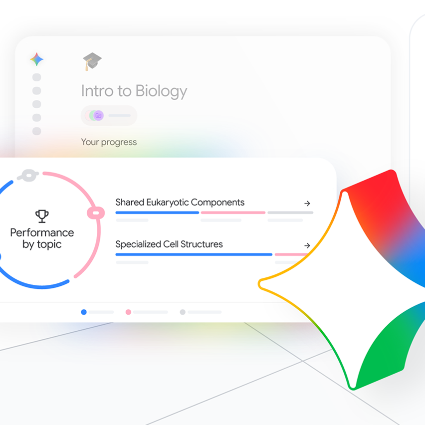 Intro to Biology dashboard showing topic progress charts and a large, stylized gradient-bordered star overlay.
