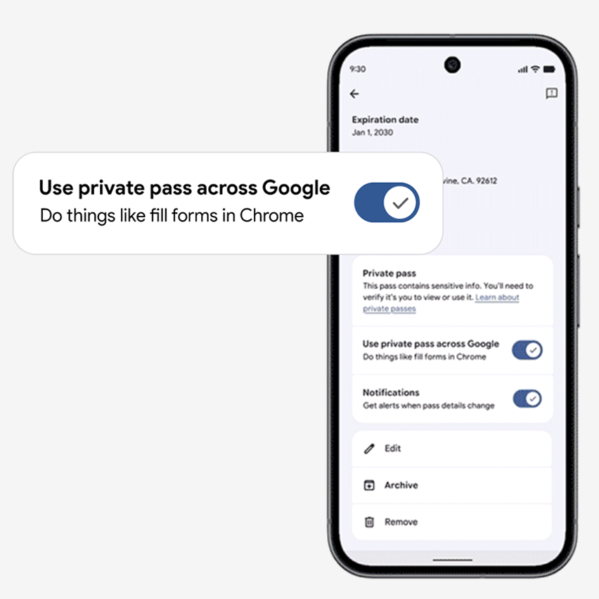 Smartphone screen showing the 'Use private pass across Google' setting toggled on.