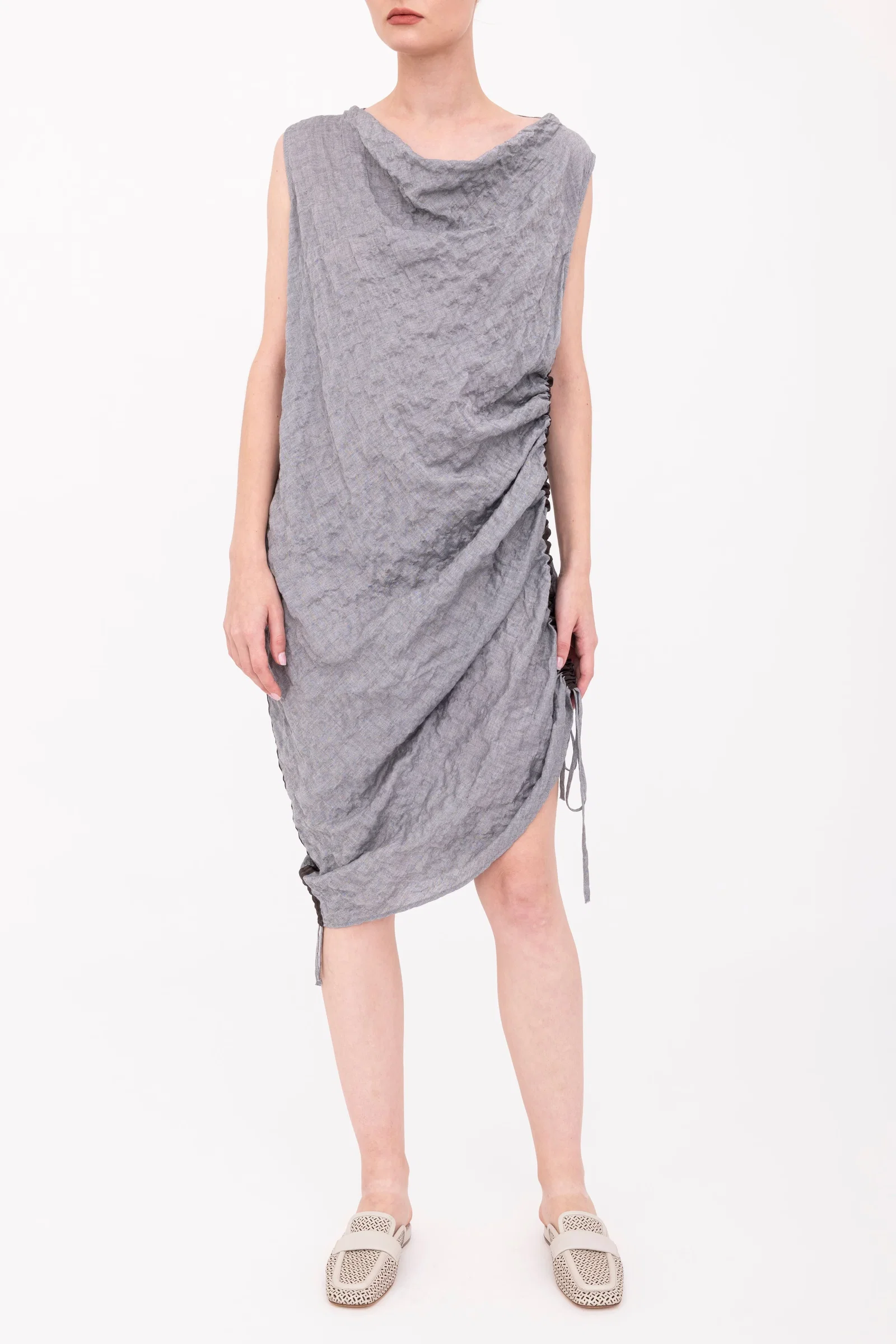 Image of Textured Cotton Side Ruching Dress - BROOKLYN