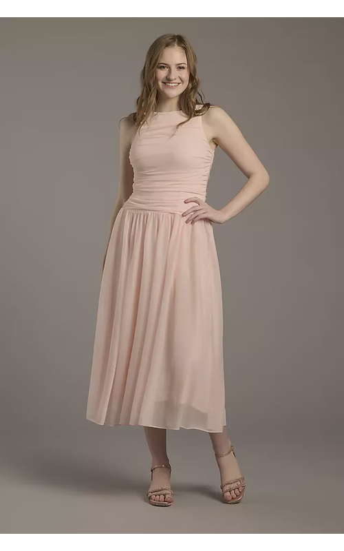 Ruched Mesh Drop Waist Midi Dress