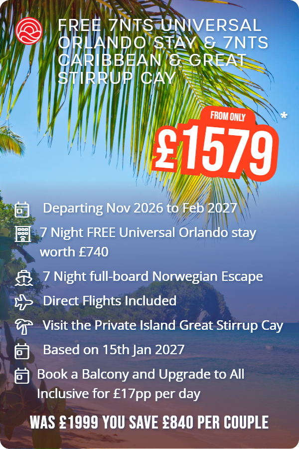 Free 7nts Universal Orlando Stay & 7nts Caribbean & Great Stirrup Cay – Smart Holiday promotional image. From £1,579 Includes: Departing Nov 2026 to Feb 2027, 7 Night FREE Universal Orlando stay worth £740, 7 Night full-board Norwegian Escape, Direct Flights Included, Visit the Private Island Great Stirrup Cay, Based on 15th Jan 2027, Book a Balcony and Upgrade to All Inclusive for £17pp per day. WAS £1999 YOU SAVE £840 PER COUPLE