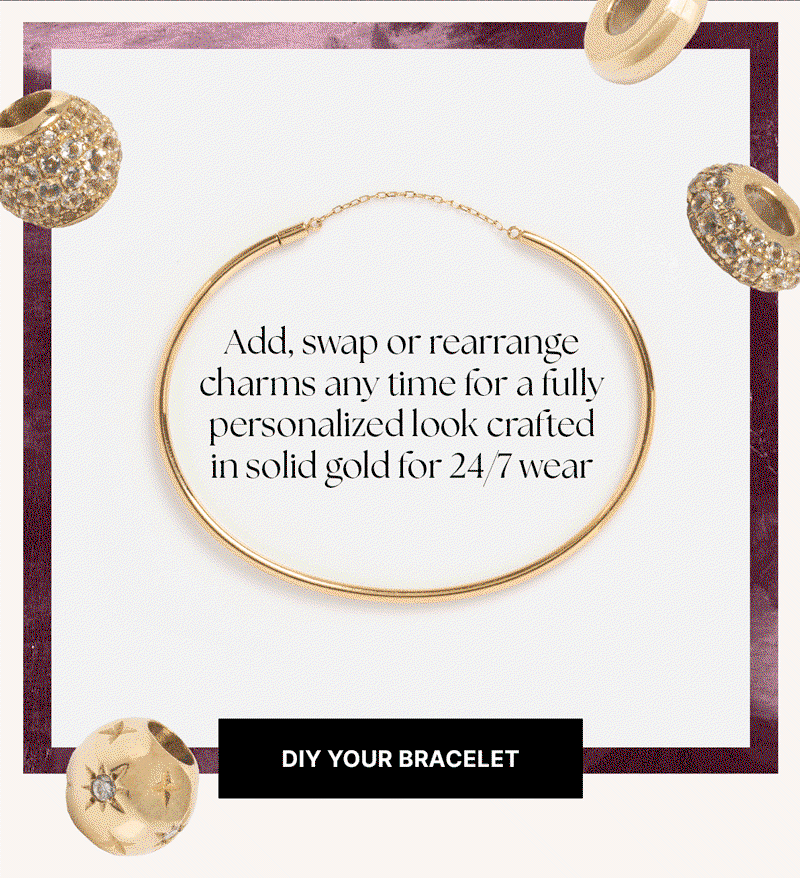 animated GIF of the customizable charm bracelet from Family Gold with solid gold charms appearing in succession on the bracelet