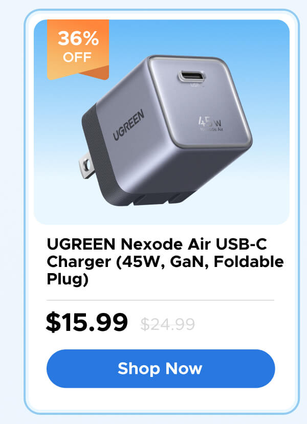 UGREEN Nexode Air USB-C Charger (45W, GaN, Foldable Plug)
