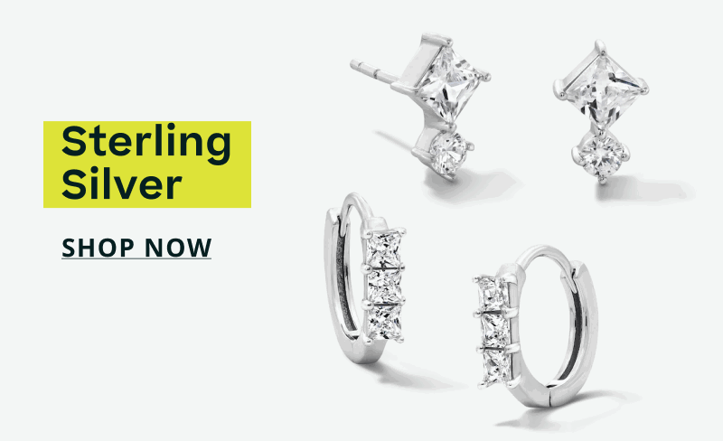 Pair of stacked-diamond silver studs & huggies set with row  of stones. Sterling silver. Click here to shop now
