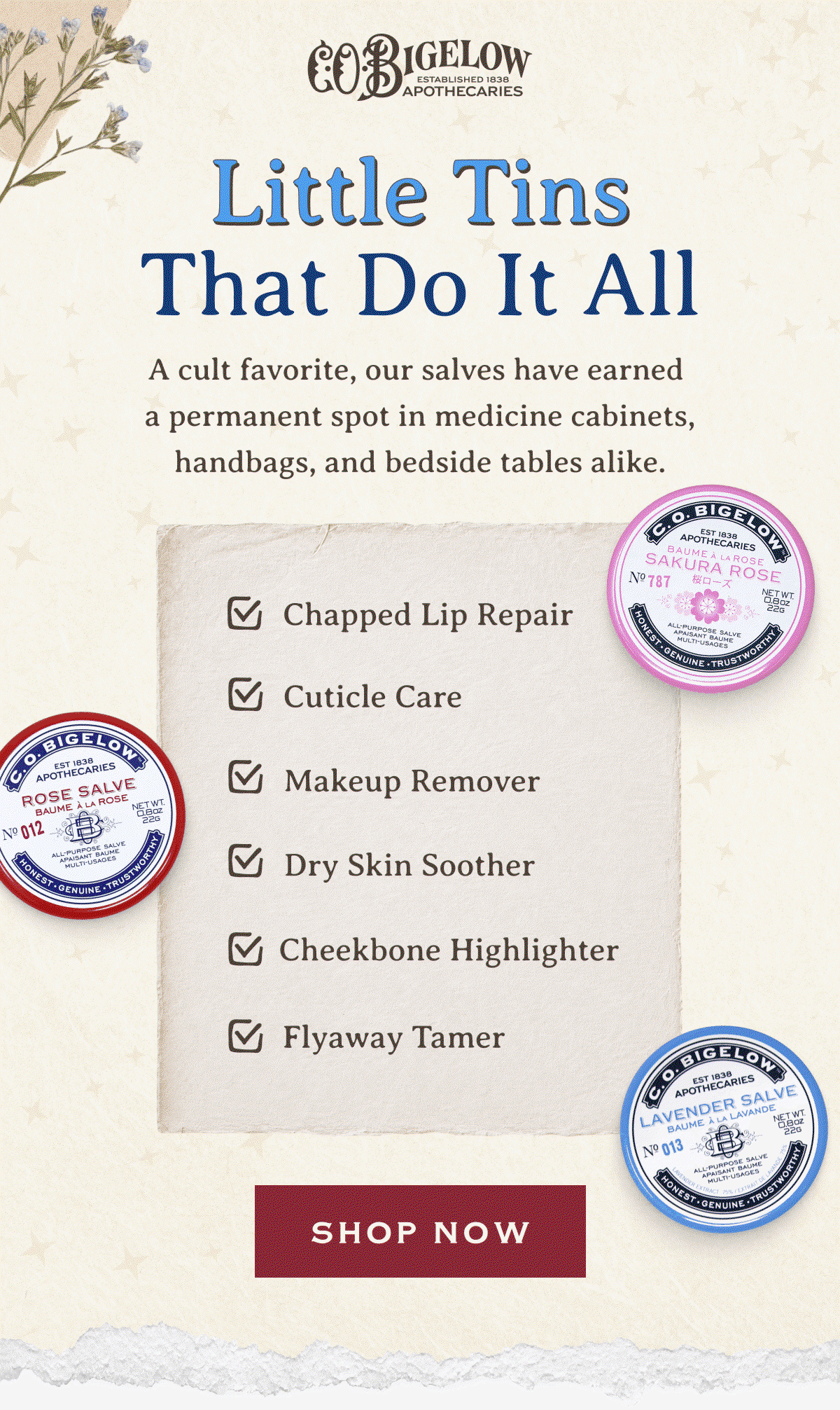 Little Tins That Do It All | A cult favorite, our salves have earned a permanent spot in medicine cabinets, handbags, and bedside tables alike. | -Chapped Lip Repair -Cuticle Care -Makeup Remover -Dry Skin Soother -Cheekbone Highlighter -Flyaway Tamer | SHOP NOW