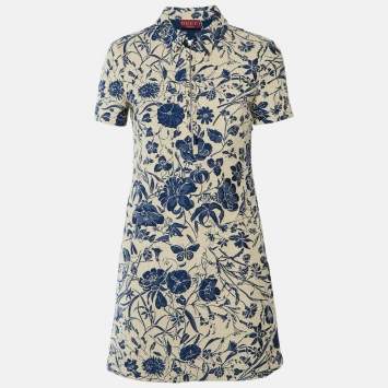 Beige/Blue Floral Cotton Boucl