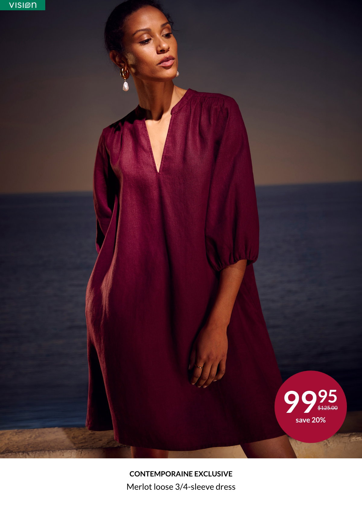 Woman wearing merlot loose 3/4-sleeve dress at 99.95$ instead of 125.00$