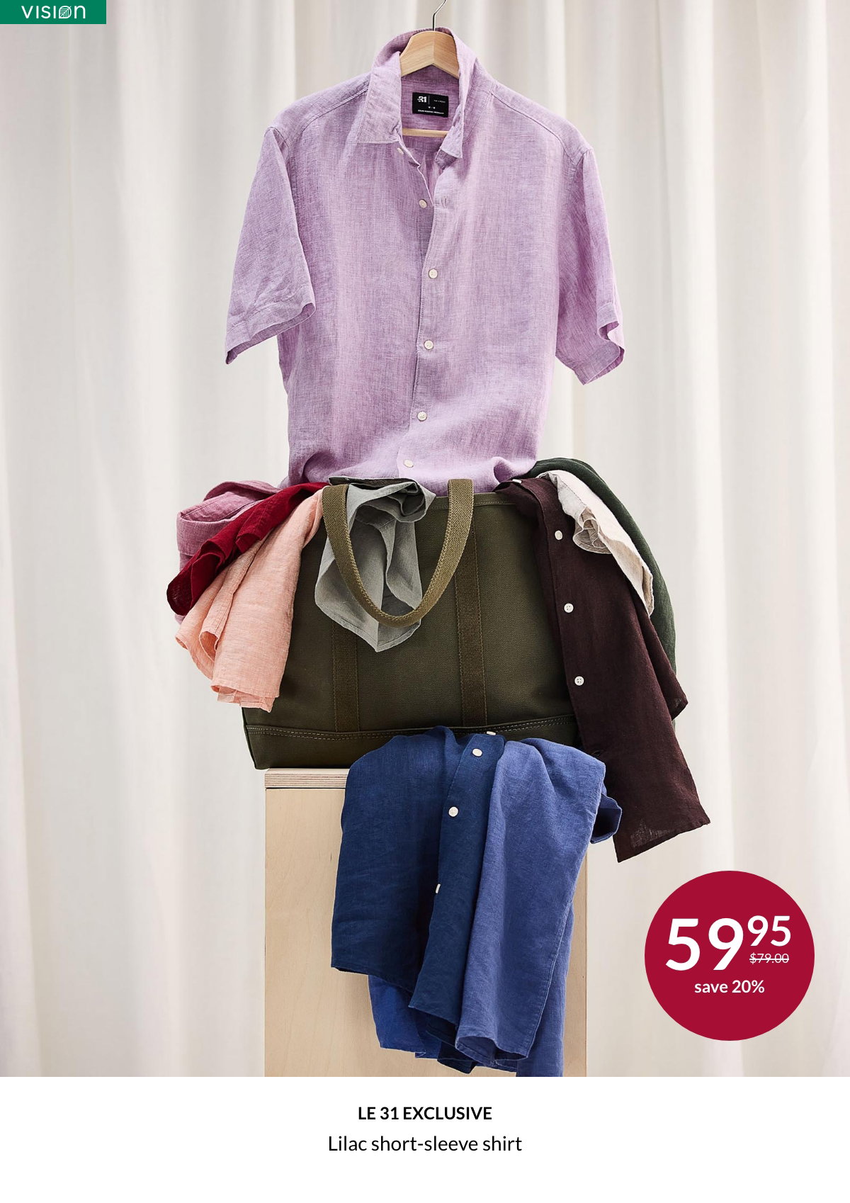 Lilac short-sleeve shirt at 59.95$ instead of 79.00$ at Le 31 for men