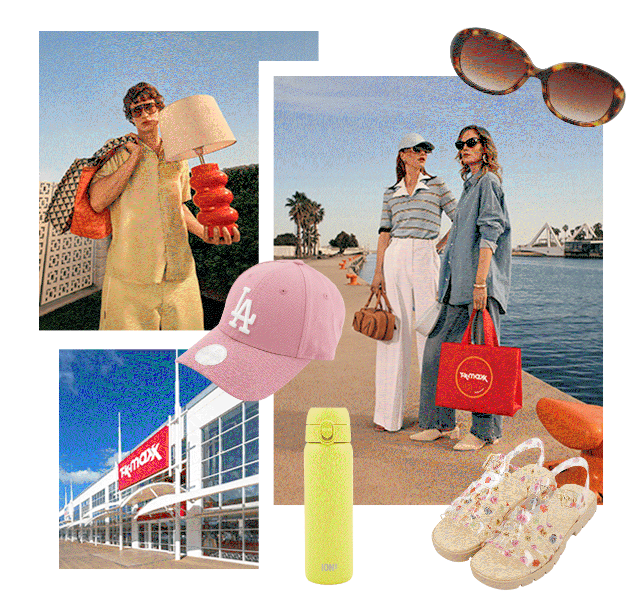 Collage of a man holding a lamp, TK Maxx shoppers, a pink cap, sunglasses, sandals, a water bottle, lamp, and TK Maxx store exterior.