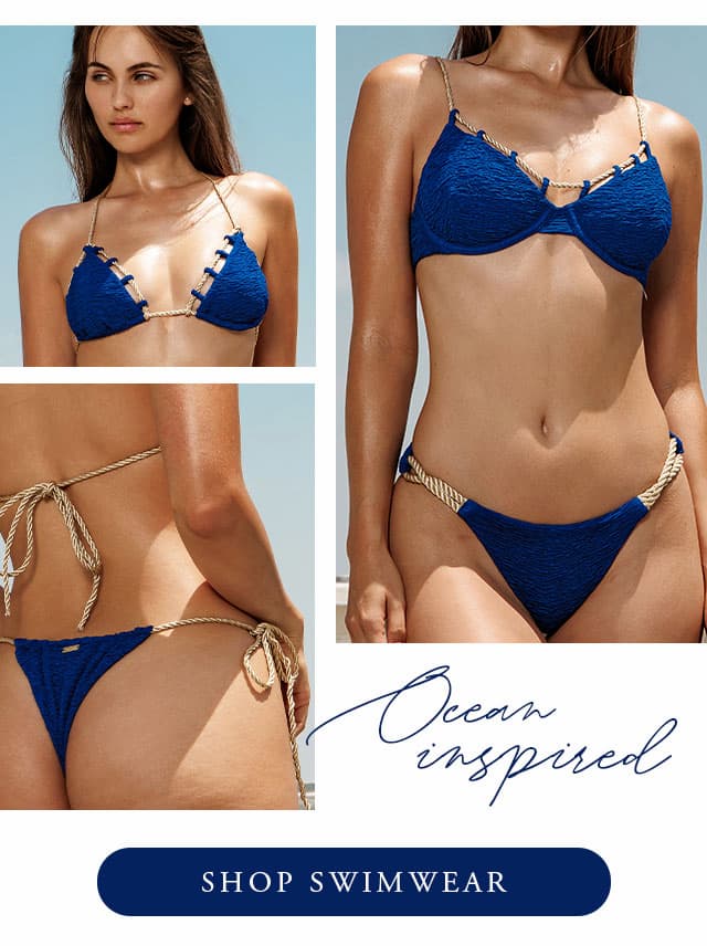 Model wearing a blue bikini with rope detailing. Shop swimwear. 