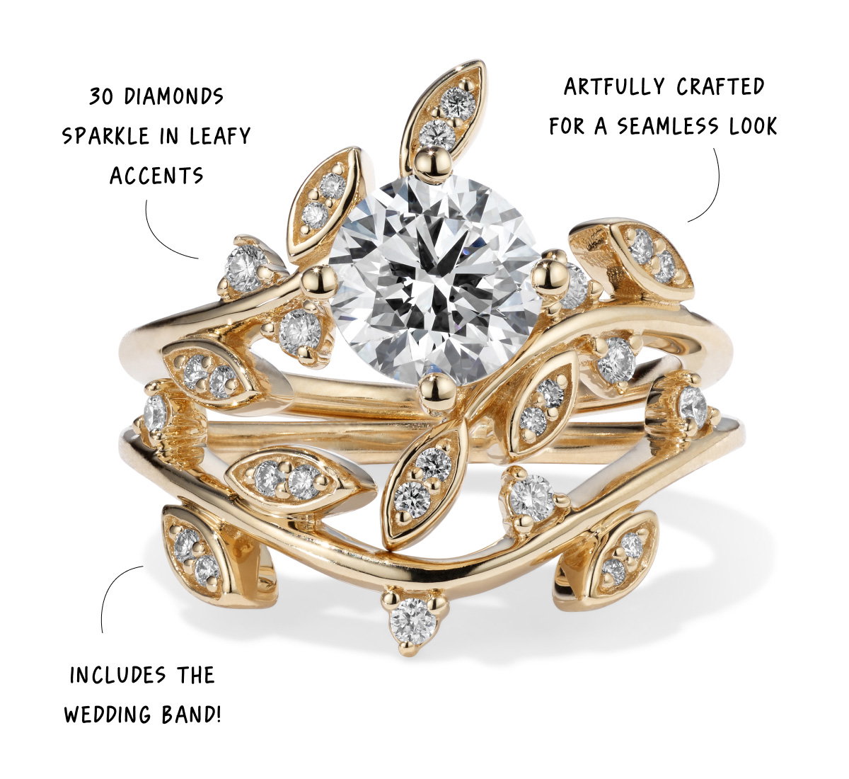 30 diamonds sparkle in leafy accents • Artfully crafted for a seamless look • Includes the wedding band! 