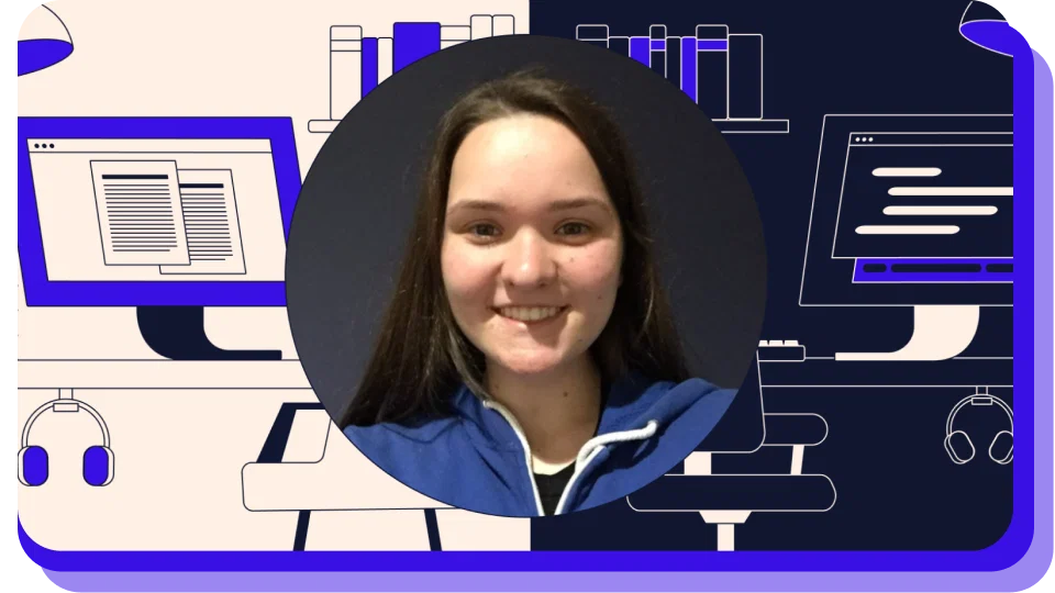 Image of a learner with illustration of a computer desk behind
